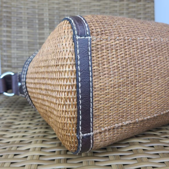 Fossil Bag Satchel Tan Straw Material Brown Leather Shoulder Strap Key Charm - Picture 11 of 16